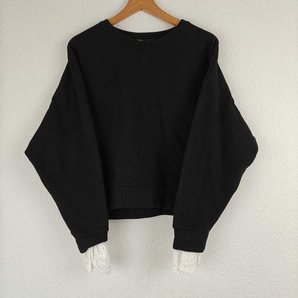 Maje NWT Tendre Black White Lace Cuff Trim Sweatshirt Size Small - Picture 1 of 14